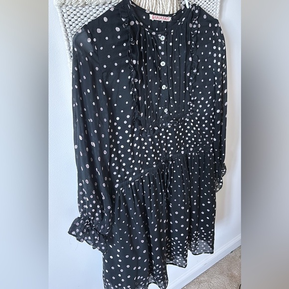 Banjanan Polka Dot Bib Dress Long Sleeve Ruffle Pleated Cotton Size Small - Picture 2 of 5